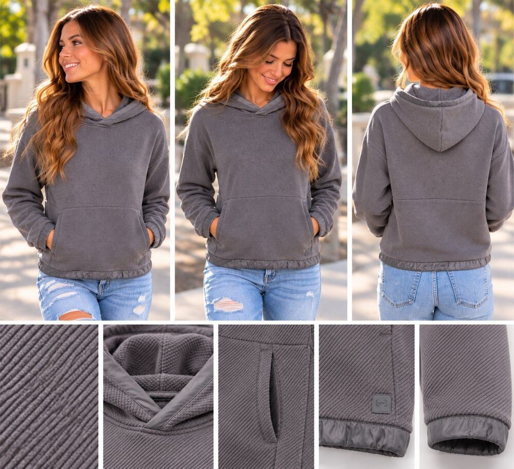 Under Armour Womens XS Gray Textured Fleece Hoodie Satin Trim Pullover NWOT